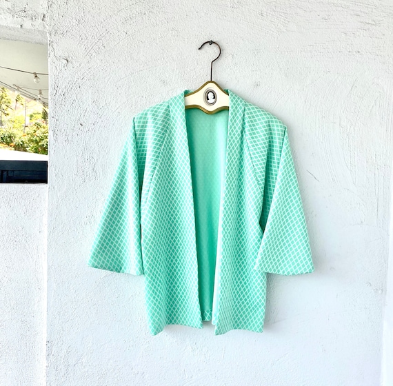 Vintage 70s 80s Kimono Cardigan // Mint Green Blu… - image 1