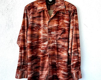 Vintage 70s Large Collar Disco Shirt 1970s Graphic Woodsy Top