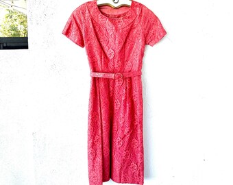 Vintage 50s 60s Wiggle Lace Dress 1950s 1960s Bombshell Pinup Pink Sheath Dress