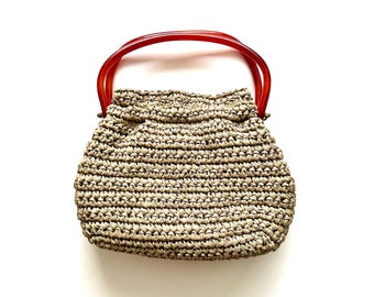 Vintage 50s 60s Raffia Handbag 1950s Bakelite Top Handle Bag 1960s Straw Purse