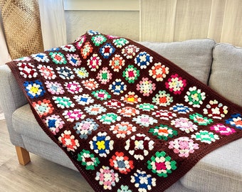 Vintage 60s 70s Granny Square Throw Crochet Blanket Brown Rainbow Colorful Afghan