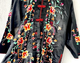 Antique Chinese Silk Embroidered Jacket Asian Black Floral