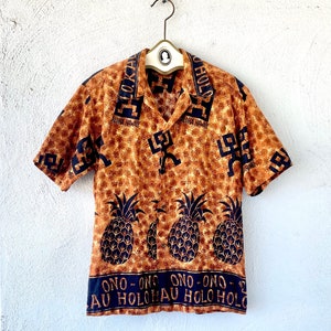 Vintage 60s Hawaii Aloha Shirt 1960s Tiki  Pineapple Hawaiian Words Barkcloth Tropical Top