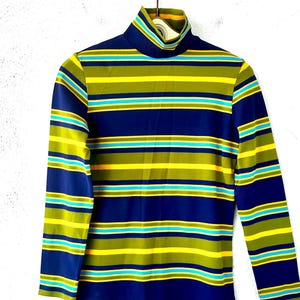 Vintage 70s Bright Striped Turtleneck Top 1970s Rainbow High Neck Long Sleeve Shirt