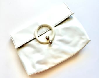 Vintage 60s Mod Bag White Shiny Clutch 1960s Shoulder Purse
