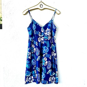 Vintage 90s Hawaiian Blue Floral Slip Dress 1990s Hawaii Swim Tank Dress