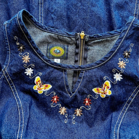 Vintage Embroidered Butterfly 90s Denim Dress Jea… - image 3