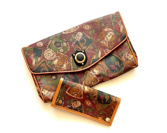 Vintage 90s Baroque Leather Printed Bag 1990s Clutch Handbag Matching Wallet