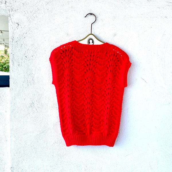 Vintage 60s 70s Bright Red Sweater Vest Crochet Knit Short Sleeve Top