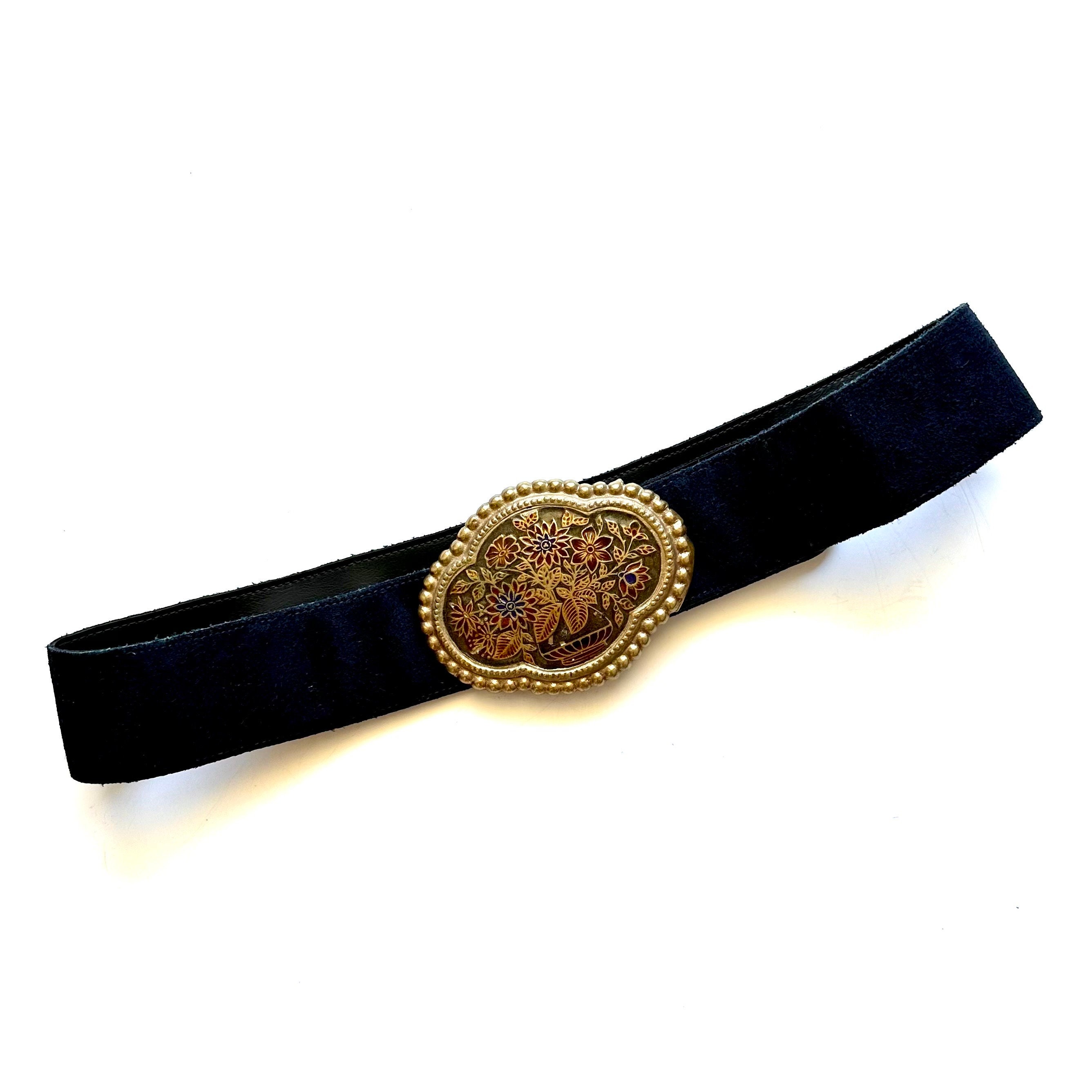 Golden Hands Lee Bernay Vintage Belt Brass Enamel Buckle Suede Belt Boho Hippie Vintage 60s 70s Leo Lion Floral Zodiac Large Brass Enamel  main image 2