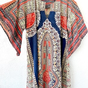 Vintage 70s Indian Hippie Boho Caftan 1970s Angel Bell Sleeves Batik Dress Beach Swimsuit Cover Up Lounge Wear