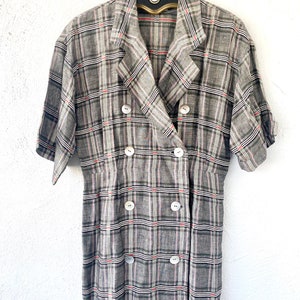 Vintage Japanese Linen Plaid Double Breasted Dress Menswear Shirtdress image 7