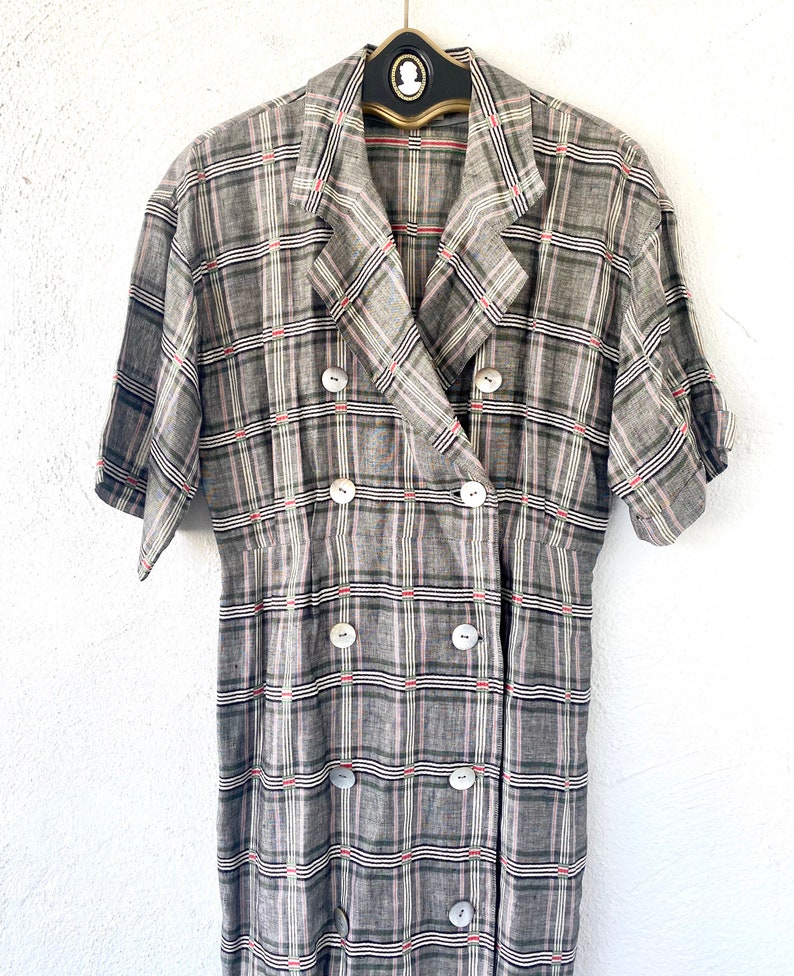Vintage Japanese Linen Plaid Double Breasted Dress Menswear Shirtdress image 7