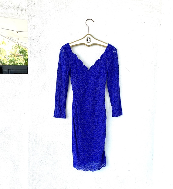 Vintage 80s 90s Lace Bodycon Cobalt Blue Scallop … - image 1