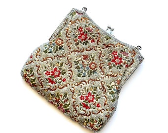 Vintage Art Deco Beaded Handbag Embroidered Floral Clutch Silver Bag Victorian Revival