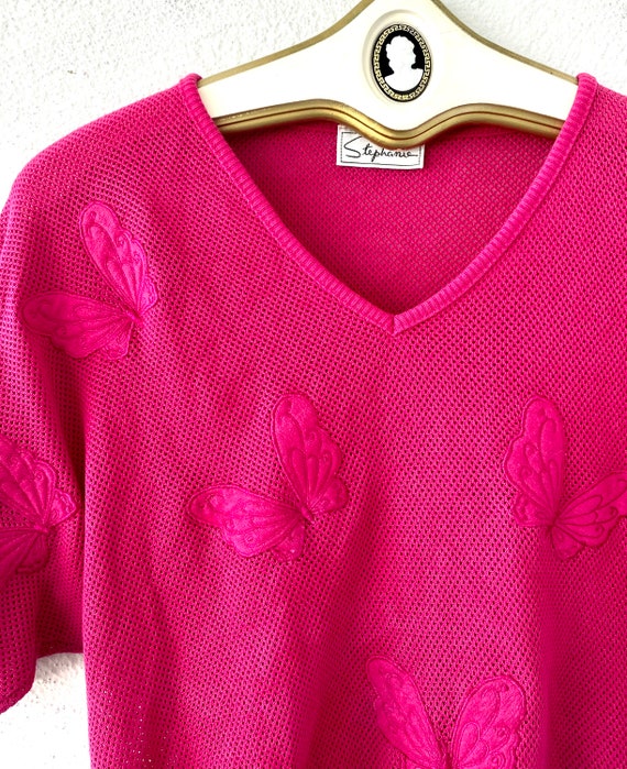 Vintage 80s Butterfly Fishnet Batwing Top Magenta… - image 4