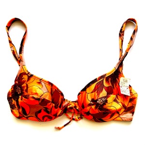 Vintage 70s Bikini Bra Top // Orange Floral Boho Hippie Swimsuit Top 1970s Swimwear