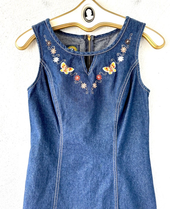 Vintage Embroidered Butterfly 90s Denim Dress Jea… - image 4