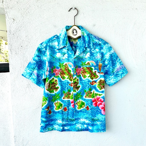 Vintage 60s Hawaiian Aloha Shirt Ui Maikai Hawaii Floral Rainbow