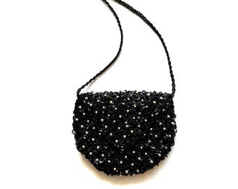 Bolso de hombro negro con lentejuelas y cuentas vintage de los años 80, bolso de mano glamuroso de los años 80