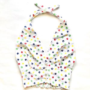 Vintage 70s Halter Top White 1970s Rainbow Floral Cropped Shirt