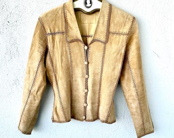 Vintage 70s 90s Crochet Leather Jacket Brown Boho Hippie Coat