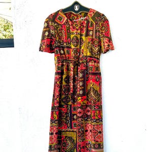 Vintage 60s 70s Psychedelic Barkcloth Dress 1960s 1970s Neon Bold Blacklight Dress