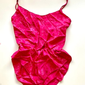 Vintage 80s Lingerie Teddy Silky Romper Bright Pink Floral Sexy One Piece Bodysuit Camisole