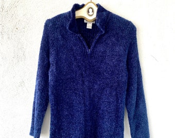 Vintage 90s Y2k Sparkly Fuzzy Soft Collared Pullover Sweater // 1990s Knit Long Sleeve Shirt Top