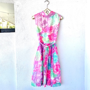 Vintage 60s Chiffon Watercolor Dress Pink Floral 1960s Midi Dress