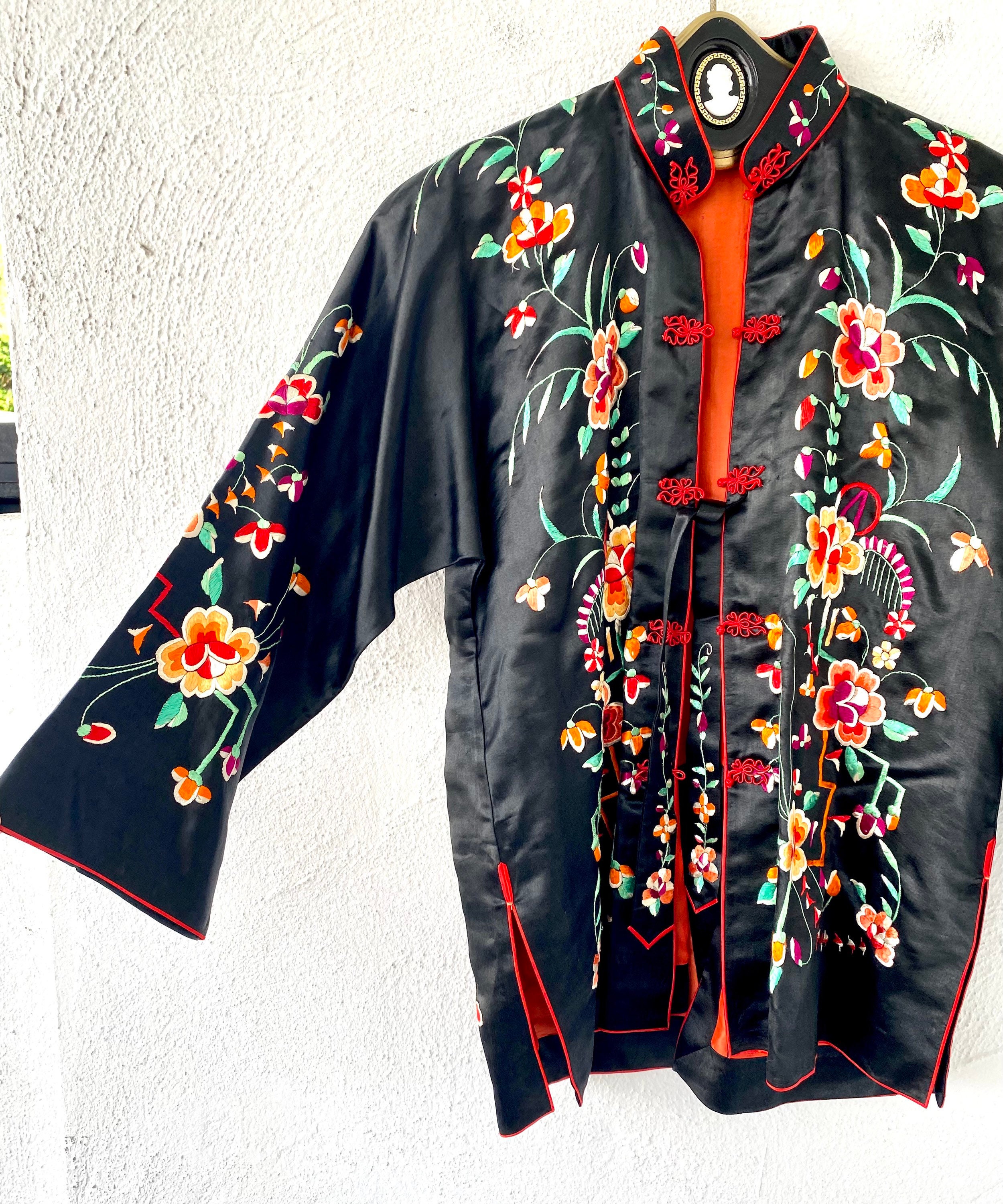 Antique Chinese Silk Embroidered Jacket Asian Black Floral