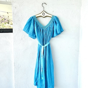 Vintage 90s does 70s Boho Gauze Dress // Hippie Blue Lace Swing Angel Flutter Sleeve Dress