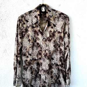 Vintage 70s Disco Large Collar Shirt 1970s Nylon Artsy Floral Long Sleeve Collared Top
