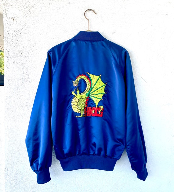 Vintage Embroidered Dragon Satin Bomber Blue 70s … - image 6