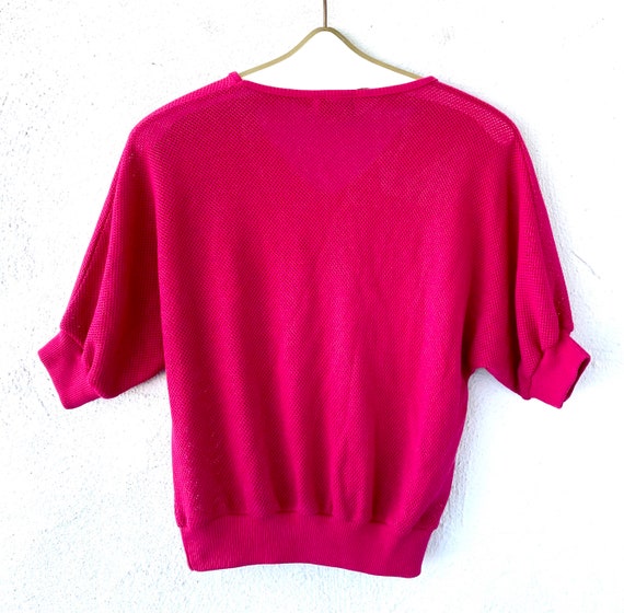 Vintage 80s Butterfly Fishnet Batwing Top Magenta… - image 7