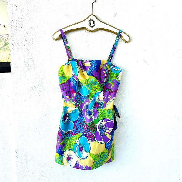 Vintage 60s 70s Psychedelic Hawaiian Romper Swimsuit Playsuit Hawaii Floral One Piece