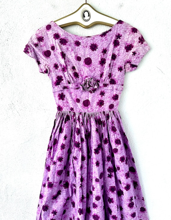 Vintage 1950s Party Dress Purple Floral Full Circ… - image 2