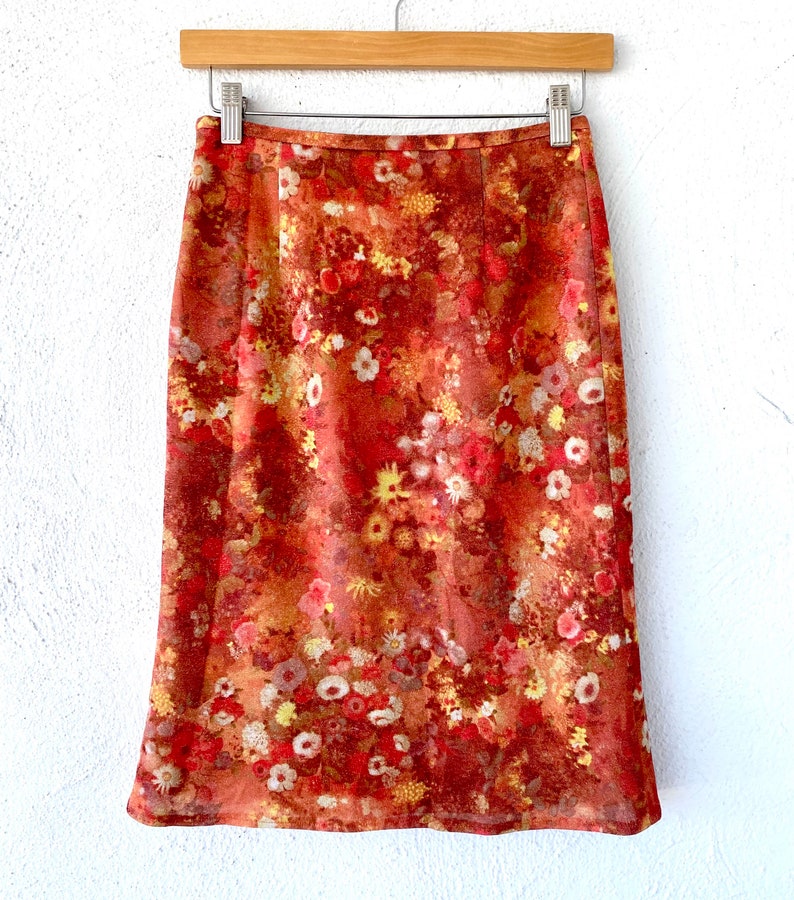 Vintage 70s 90s Metallic Sparkly Floral Skirt // Red Yellow Sparkle Flirty Skirt image 5
