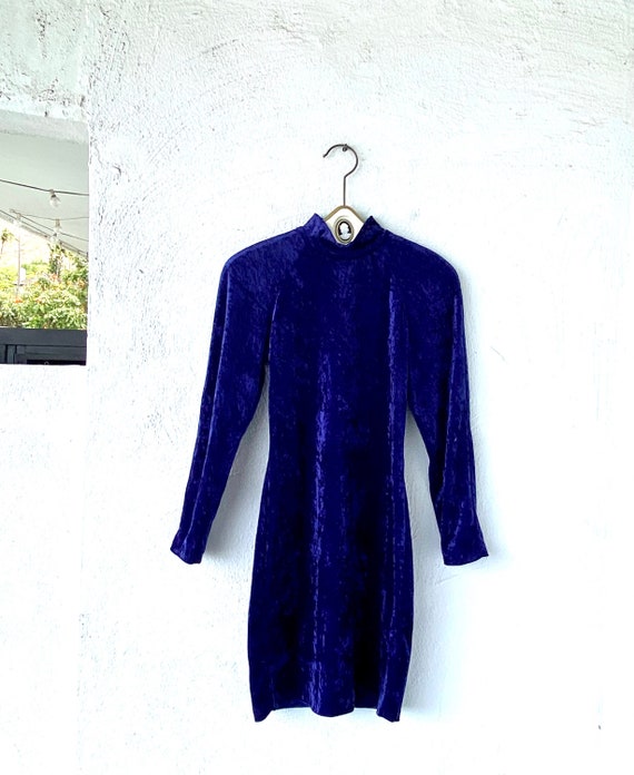 Vintage 80s 90s Velvet Open Back High Neck Mini D… - image 2