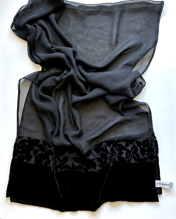 Vintage Velvet Silk Scarf Black Sheer Long Scarf W