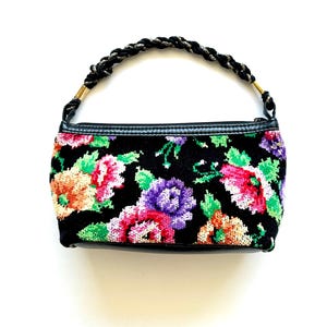 Vintage Tapestry Handbag Bright Floral Top Handle Bag Black Purse