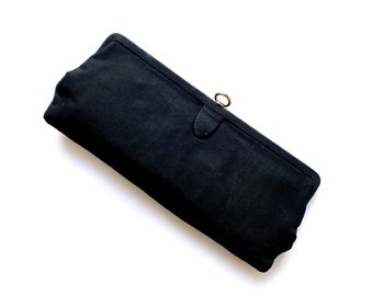 Vintage 50s 60s Large Clutch Long Black Kiss Lock Minimalist Purse // 1950s Handbag Bag