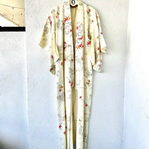 Vintage Japanese Floral Kimono Boho Cardigan // Cherry Blossom Water White Blue Asian Robe
