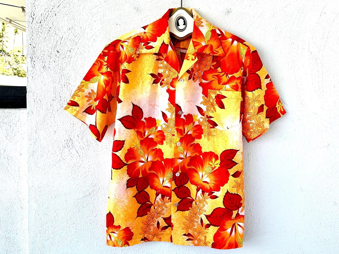 Vintage 70s Floral Hawaiian Shirt: Bright Orange Aloha Top - Etsy display picture 1