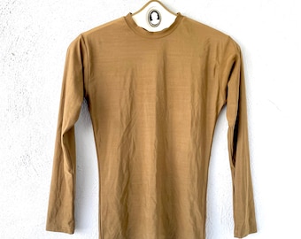 Vintage 90er Jahre Slinky Minimalist Stretch Top Langarm Beige Shirt