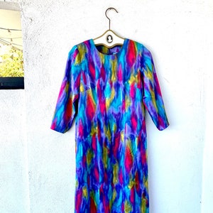 Vintage 60s 70s Bright Psychedelic Dress Watercolor Midi Dress
