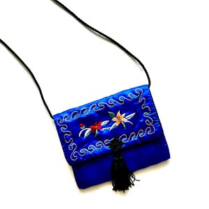 Vintage Asian Silk Embroidered Floral Shoulder Bag Floral Crossbody Purse Blue Gold Square Evening Bag