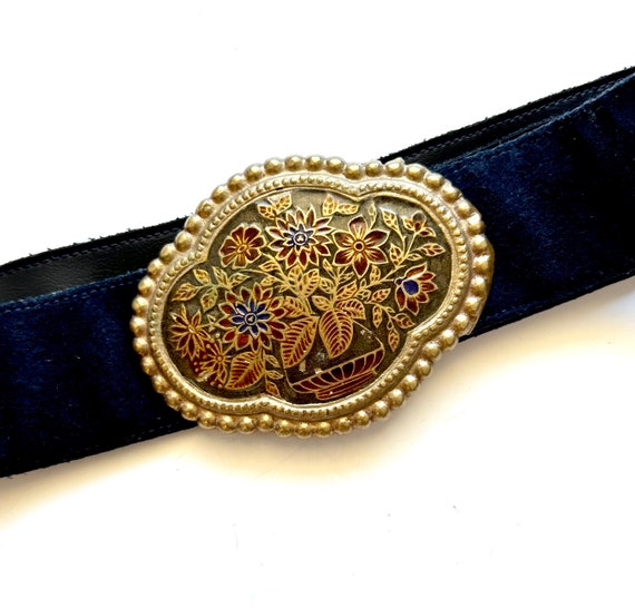 Golden Hands Lee Bernay Vintage Belt Brass Enamel Buckle Suede Belt Boho Hippie Vintage 60s 70s Leo Lion Floral Zodiac Large Brass Enamel  main image 3