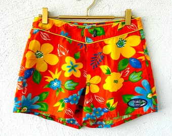 Vintage 90er Jahre leuchtende Hawaii Shorts 1990er Jahre Surf Swim Shorts Hawaii Gelb Orange gestreifte Hose