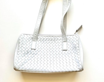 Vintage Bloomingdale’s Woven Leather Bag White Top Handle Purse
